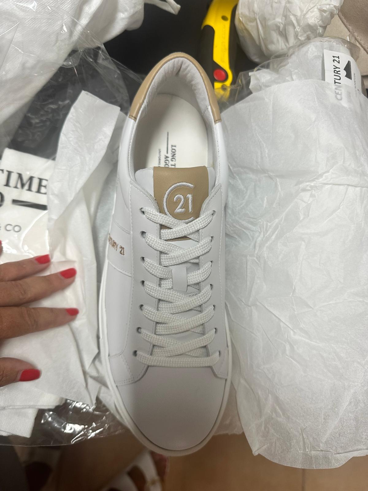 Century 21 white leather sneaker with embroidered C21 tongue label